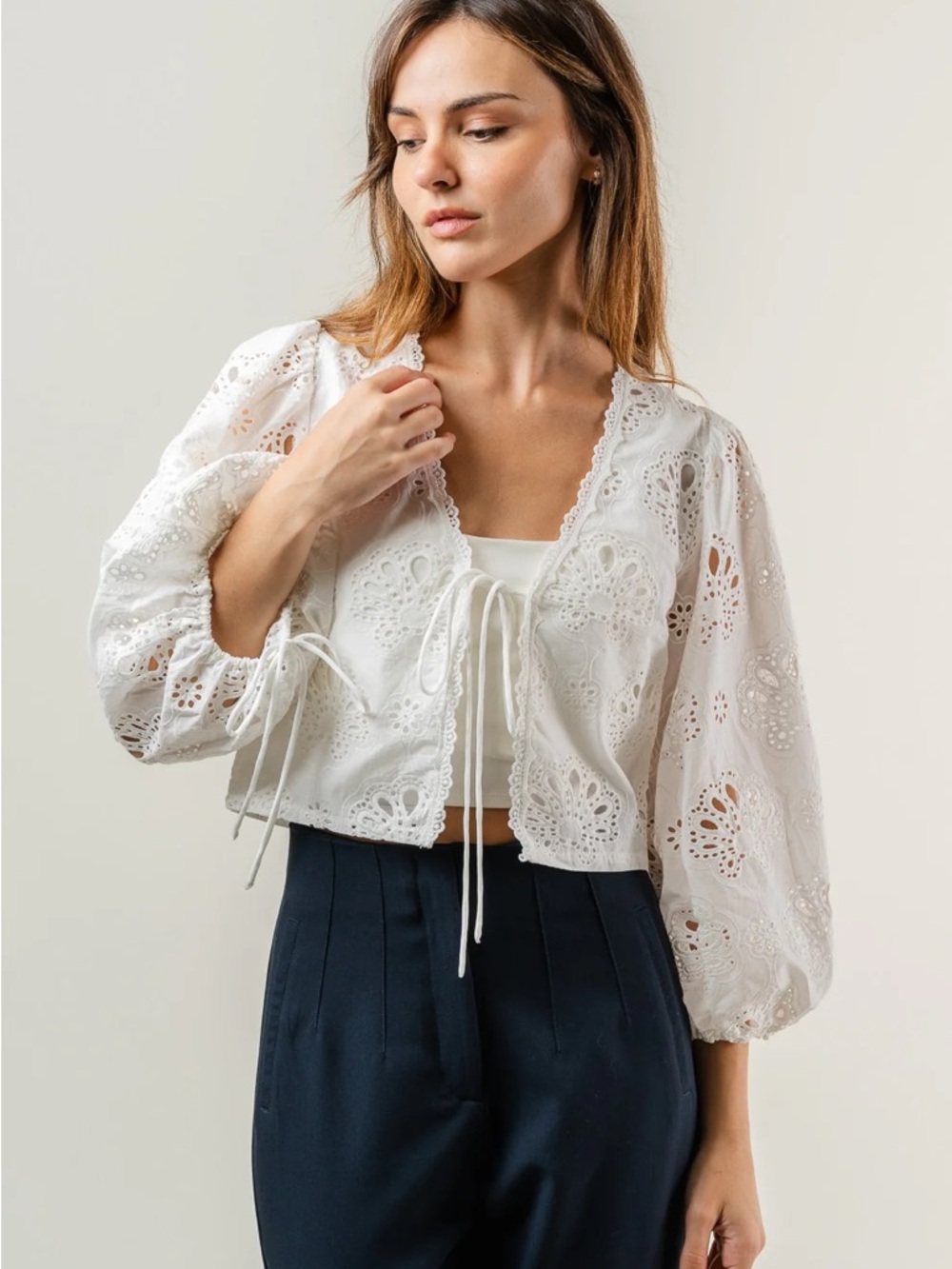 White Eyelet Tie-Front Top - Picture 2 of 5